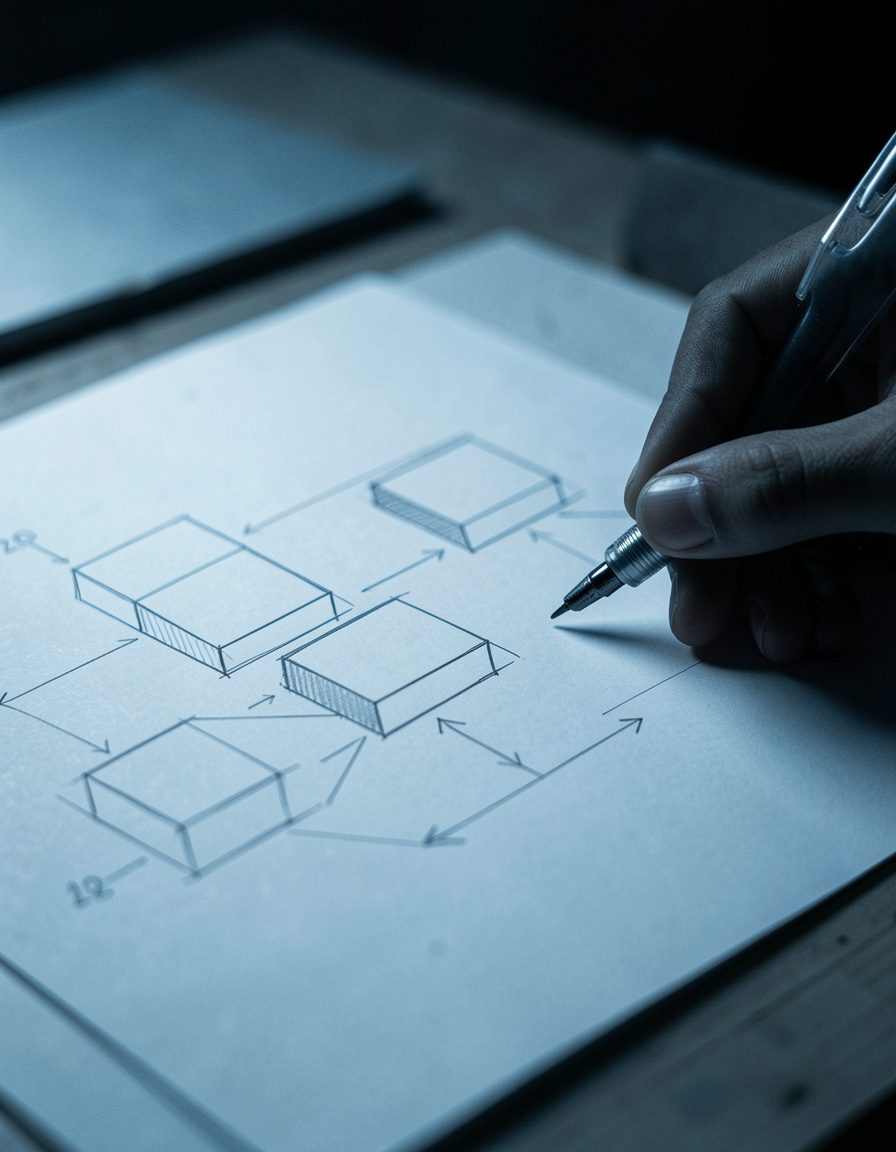 Sketches and wireframes of an ongoing project on the desk
